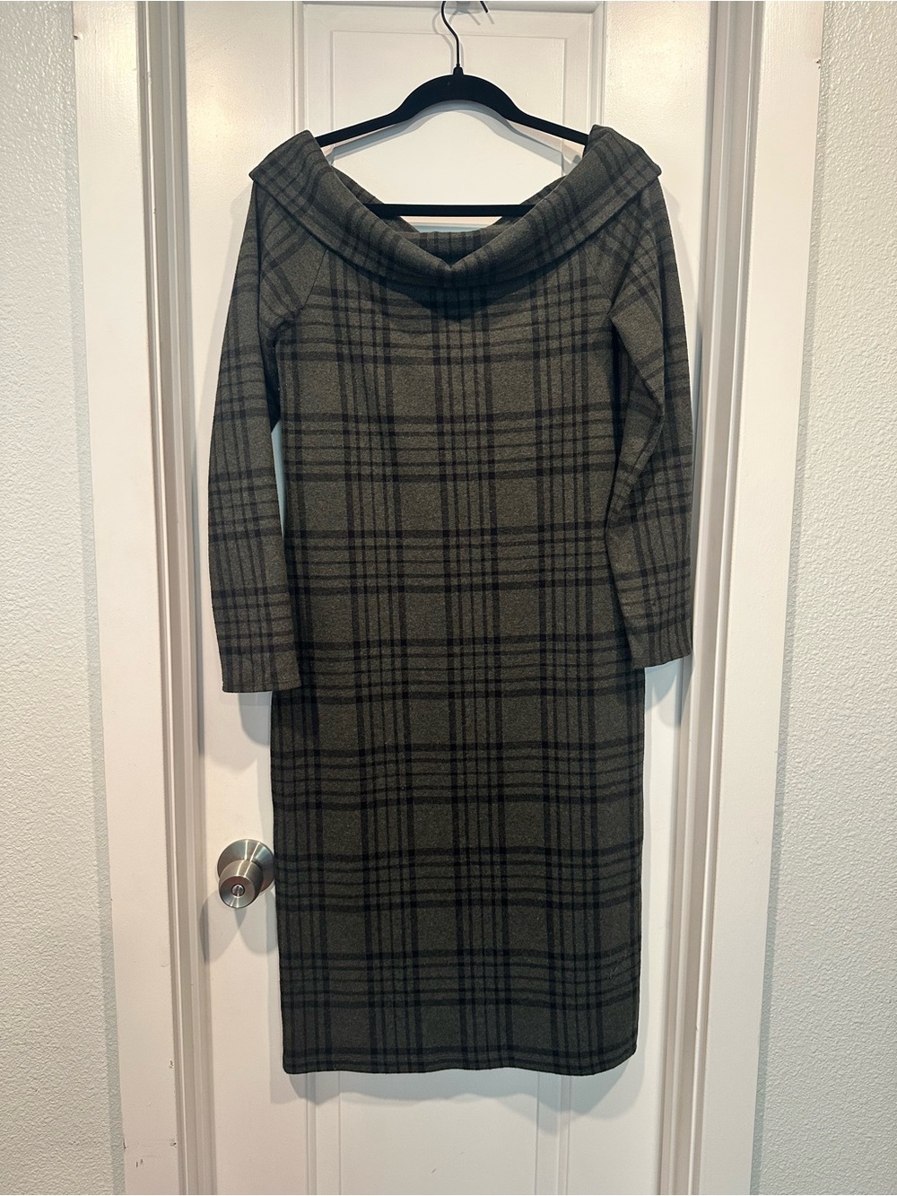 Banana Republic Olive and Black Plaid Off-Shoulder Midi Sweater Dress